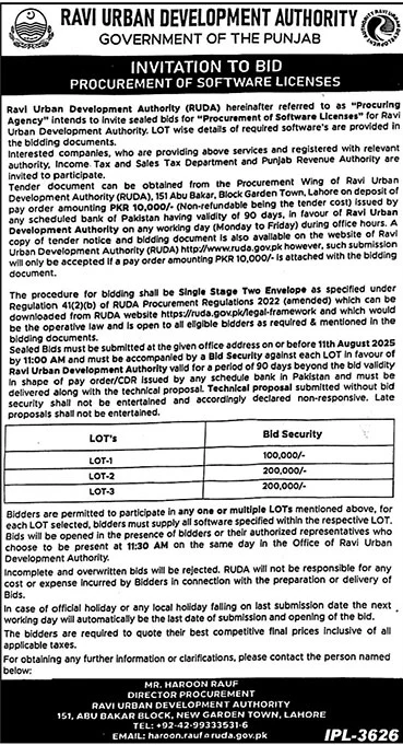 Ravi Urban Development Authority Lahore Tender Notice